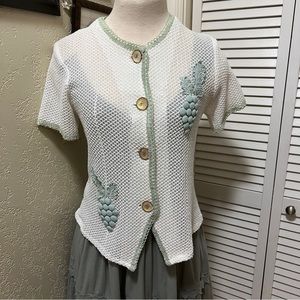 Phoenix Button Summer Sweater Embellished Soft Green Lace & Buttons Vintage